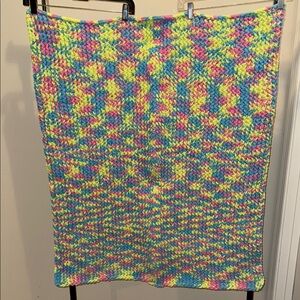 Brightly multicolored pink blue & yellow handmade knit super soft throw blanket